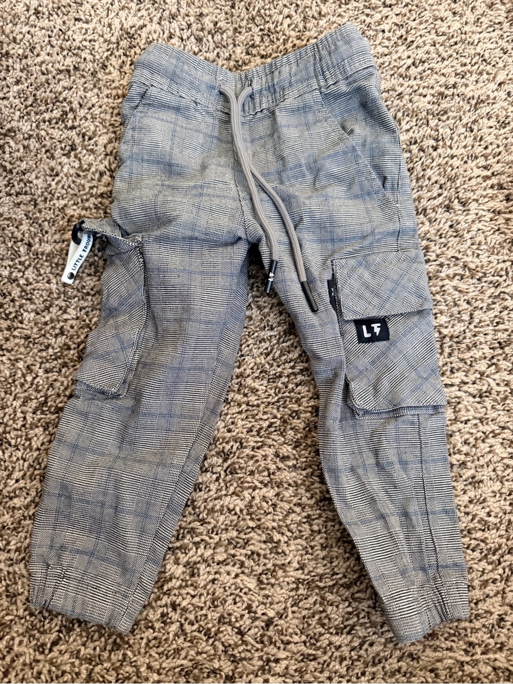 Little Trouble Plaid Cargo Joggers for Toddler Boy - Gray